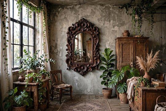Vintage carved wooden mirror hanging in rustic room with green houseplants, interior of old house,