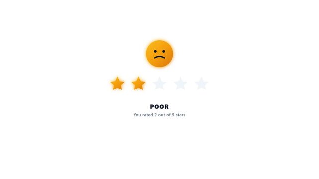 Poor two star negative customer rating review with sad emoji face user interface animation for digital feedback application video template