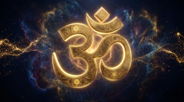 Golden Om Symbol with Sacred Sacred Geometry and Cosmic Nebula Background 3D Render