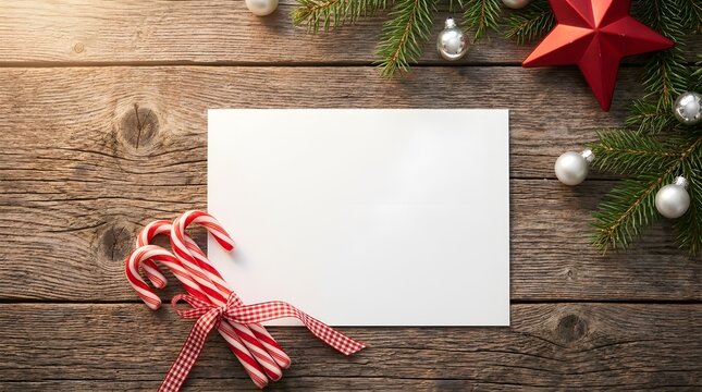 Blank white paper card on a rustic wooden table with christmas candy canes pine branches and red star holiday decorations