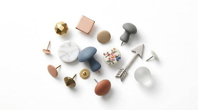 Collection of decorative push pins and thumbtacks on white background