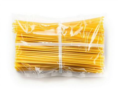 Raw spaghetti pasta in transparent film package isolated on white