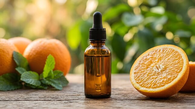 Fresh orange essential oil in a dark glass bottle with ripe oranges and green leaves on a rustic wooden surface