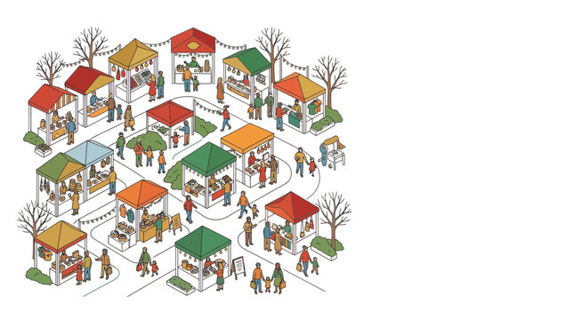 Vibrant outdoor street market illustration with people shopping at stalls