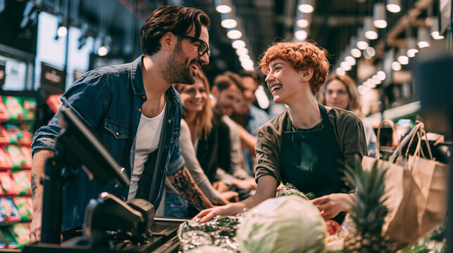 
A lively supermarket checkout scene