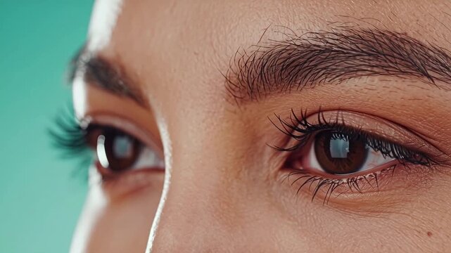Close-up of brown eyes with long eyelashes against a teal background, showcasing the intricate details of the iris and skin texture in a well-lit setting