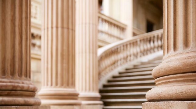 classical. Elegant stone pillars and stairs showcase classical architecture under soft natural light. real-estate listings.