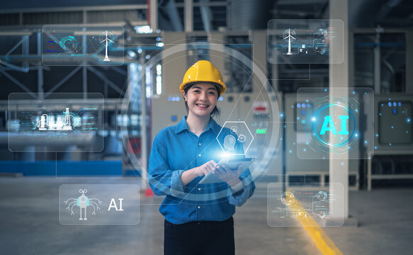 Asian woman Engineer working in AI technology integrating AI into power plant design for factories.