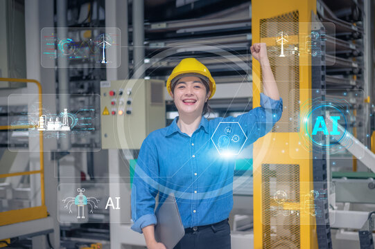 Asian woman Engineer working in AI technology leading the future of intelligent power plant engineering.