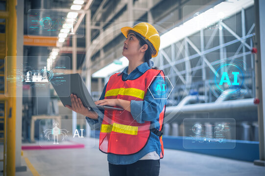Asian woman Engineer working in AI technology designing efficient and scalable power plant systems for factories.