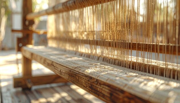 Traditional wooden loom with vertical threads in a sunny workshop, highlighting craftsmanship and textile production
