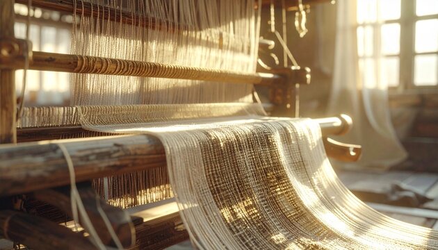 Intricate details of a rustic handloom bathed in golden sunlight, highlighting the traditional art of textile weaving and the craft of fabric creation in a warm, artistic setting