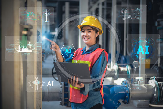 Asian woman Engineer working in AI technology engineering next-generation power plant solutions for industry.