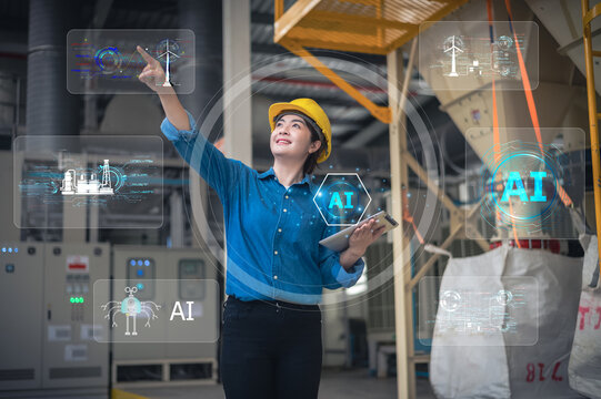 Asian woman Engineer working in AI technology revolutionizing factory energy systems through AI innovation.