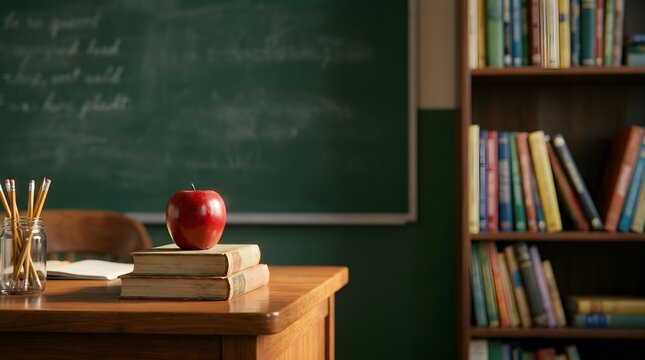 A classic classroom setting featuring a wooden desk with a red apple and books in front of a green chalkboard