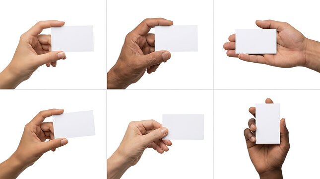 Set of diverse human hands holding blank white business cards isolated on white