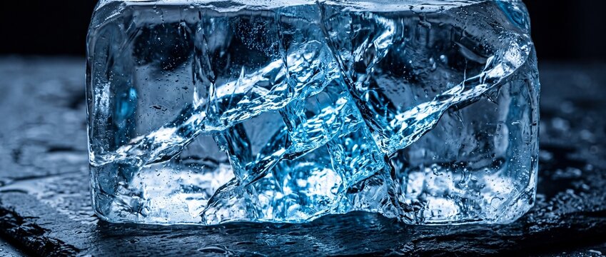 Large crystal ice cube with intricate fractured textures and deep blue hues resting on dark wet stone surface for refreshing cooling art