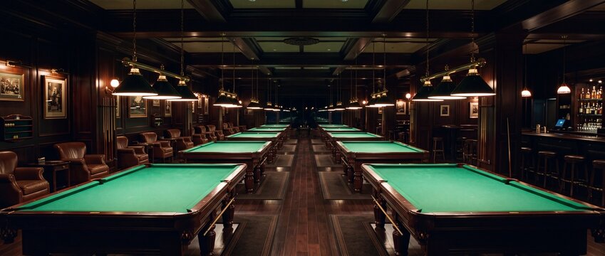 Professional pool hall environment with green baize billiard tables mahogany wood paneling and vintage lamps for leisure sports club