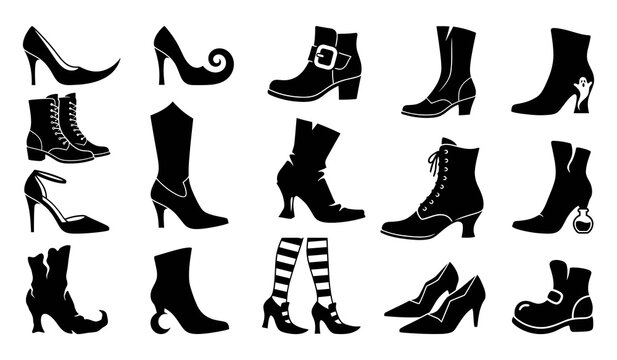 A collection of various black silhouettes featuring different styles of women footwear including boots high heels and whimsical witch themed shoes for design