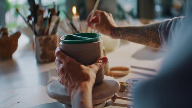 Lady artist hands paint clay pot with transparent color at table