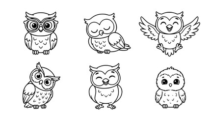 Cute cartoon baby owl line art collection featuring adorable nocturnal birds with big eyes, sleeping owlets, happy owls flying, and funny sketches for kids coloring books. © Md Imran