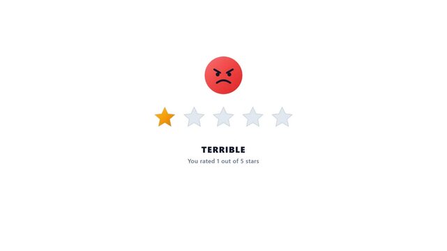Terrible one star customer rating review with angry red emoji face user interface animation for digital feedback application video template