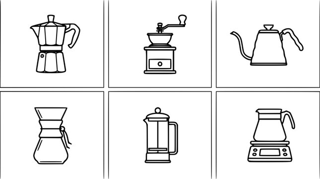 Manual coffee brewing equipment line icon set featuring traditional Italian moka pot, vintage wooden hand crank bean grinder, gooseneck pour over kettle, glass chemex carafe, French press plunger, and