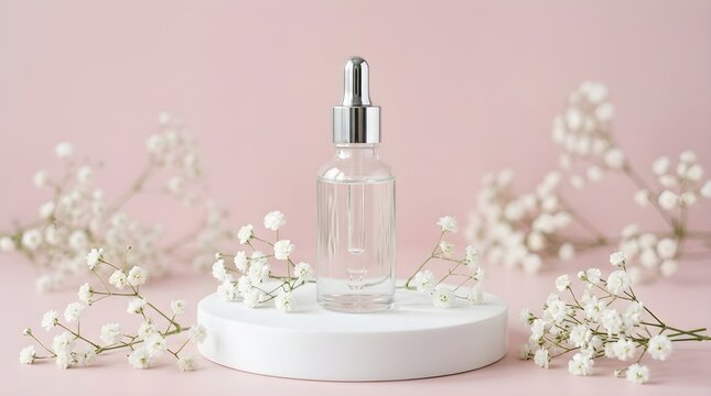 Beautiful elegant cosmetic product presentation featuring soft delicate floral arrangements against a gentle pastel pink backdrop ideal for beauty and advertising campaigns