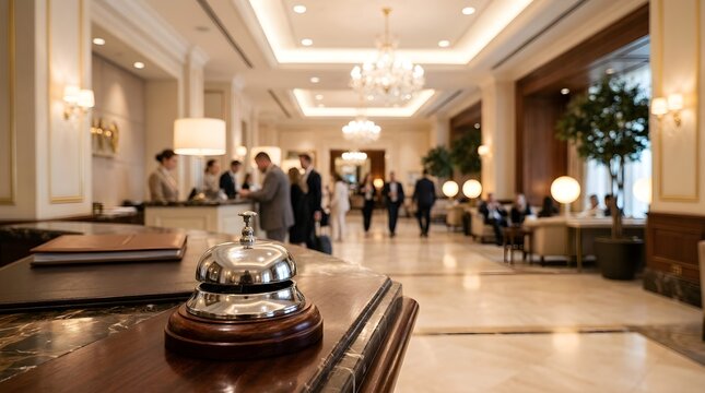 An elegant hotel lobby features softly blurred people checking in alongside a luxurious interior design with warm ambient lighting and polished marble