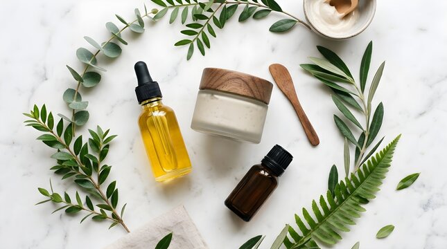 Luxurious natural skincare products featuring botanical ingredients beautifully displayed on a pristine bright white marble surface creating a fresh clean aesthetic