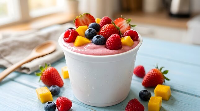 A vibrant and incredibly delicious smoothie bowl is beautifully topped with a colorful array of fresh berries and sweet mango pieces perfect