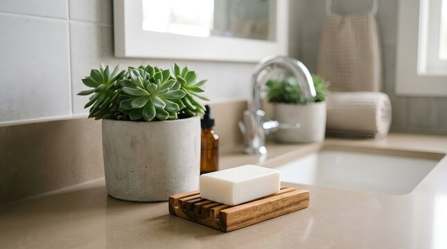 A peaceful bathroom counter displays lush potted plants natural soap and calming essential oils for a relaxing spa like environment