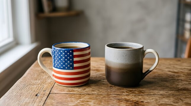 Two ceramic mugs sit on a rustic wooden table near a window one decorated with an american flag design