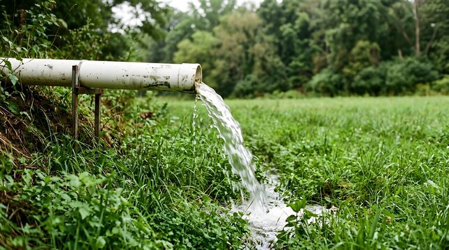 Irrigation pipe discharging water into a lush green field on a bright day showcasing agricultural practices