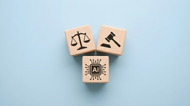Wooden building blocks display legal symbols representing justice law and courtroom proceedings set against a pale light blue colored background surface