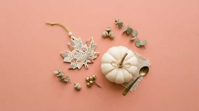 Autumn flat lay with white pumpkin and sparkling maple leaf ornament on dusty pink background. Thanksgiving and fall holiday flat lay with eucalyptus branches and vintage spoon. Halloween