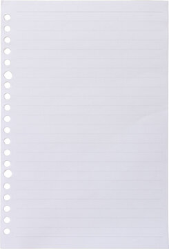 Blank lined A5 notebook paper page cutout with ring binder holes, realistic lined binder sheet template, isolated on transparent background, PNG