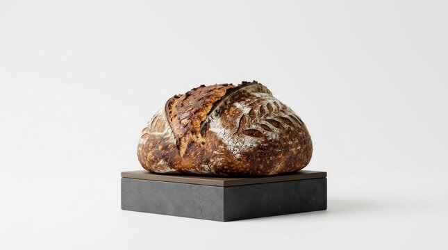 A loaf of artisanal sourdough bread on a black and wood block, set against a white background.