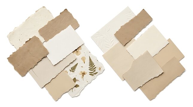Collection of torn handmade paper scraps with pressed flowers on white