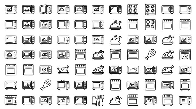 Kitchen cooking appliance line icon mega set featuring household microwave ovens, baking stoves, turkey roasting pans, and electric food preparation device graphics
