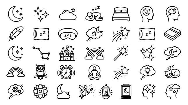 Healthy sleep and sweet dreams line icon set featuring bedtime relaxation symbols, starry night moons, psychological dream analysis, and insomnia therapy graphic vectors