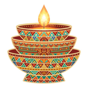 A decorative traditional indian clay oil lamp diya with colorful geometric patterns and a glowing flame for diwali celebration