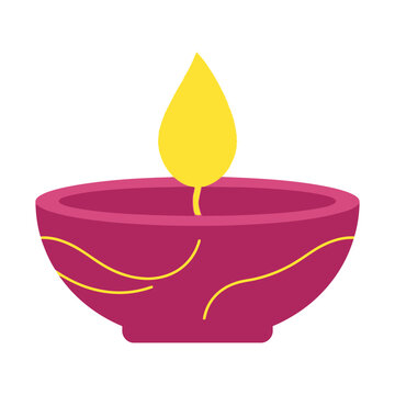 A flat vector illustration of a traditional clay diya lamp with a bright yellow flame for the diwali festival
