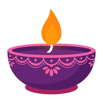 A decorative purple diya oil lamp with a bright orange flame isolated on a clean white background for diwali