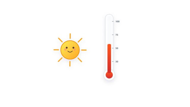 Cute smiling sun with red thermometer high temperature weather animation for summer heat wave climate and meteorology video presentation
