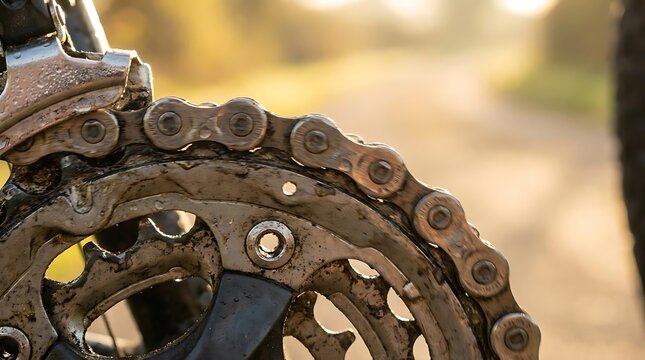 Macro view of dirty bicycle chain and gears.