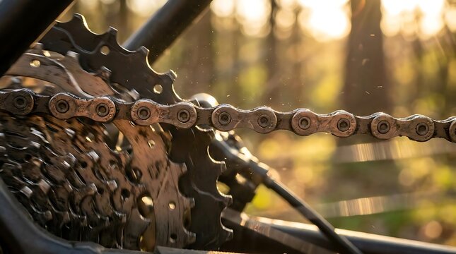 Macro view of bicycle chain and cassette gears.