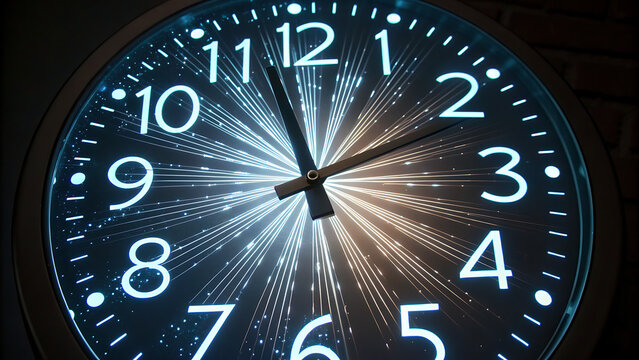 Glowing analog clock face with bright light rays at midnight for time concept design