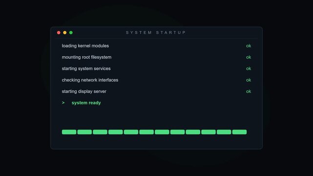 Dark mode computer system startup terminal command line interface animation for software development server boot sequence and coding video