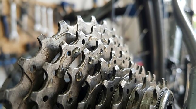 Macro view of metallic bicycle rear gear cassette.